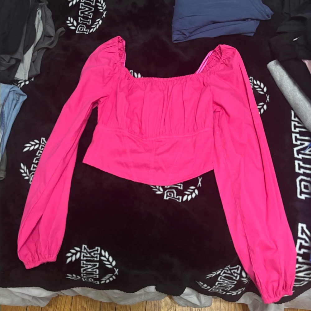 Pink Puffed Long Sleeve Crop Blouse